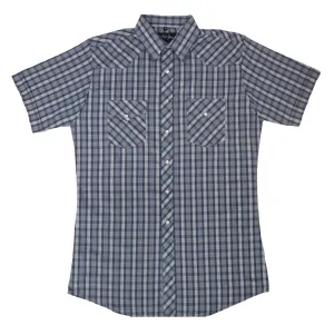 Men's Western Shirt: White Horse Short Sleeve Plaid Blue White