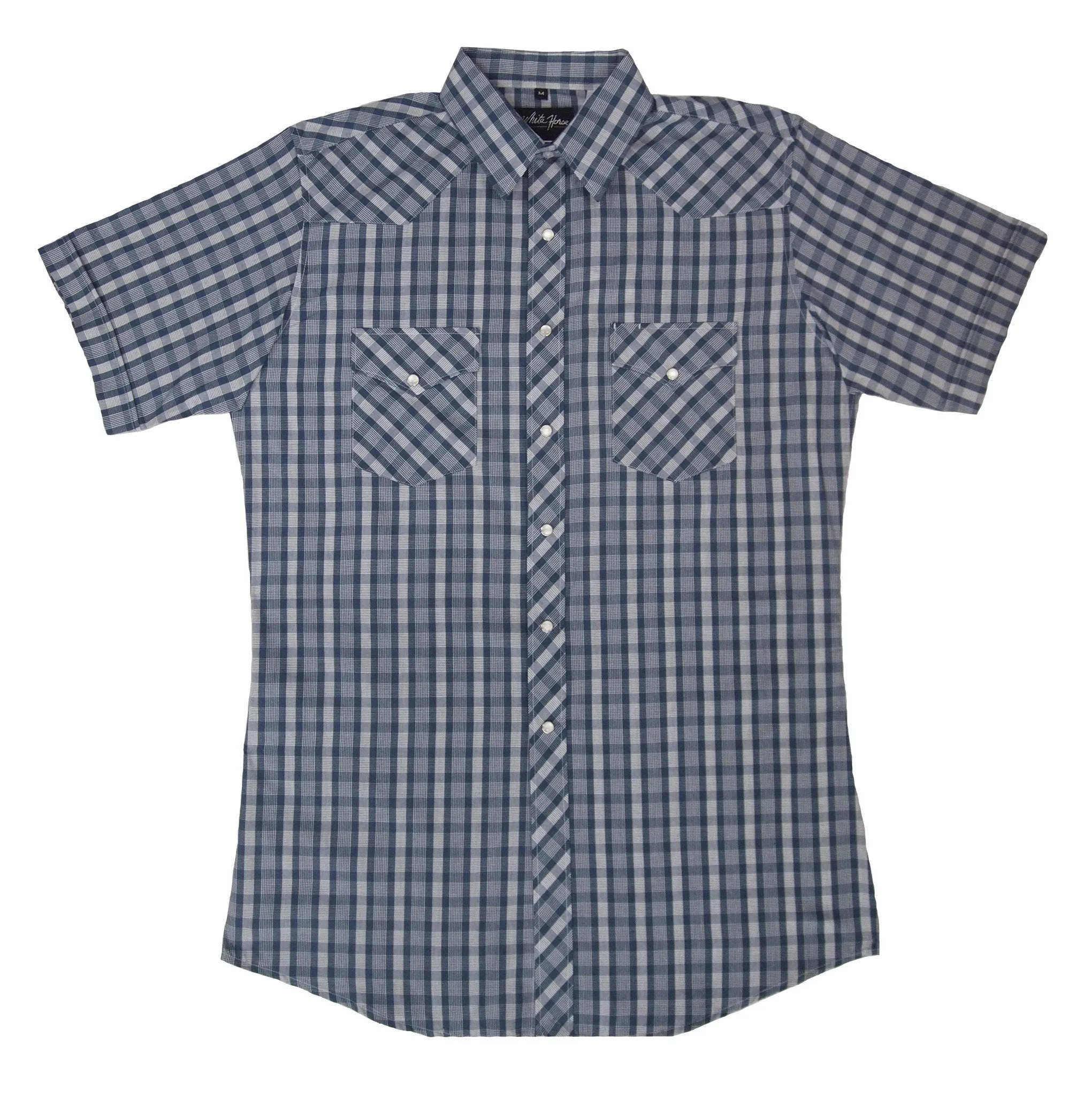Men's Western Shirt: White Horse Short Sleeve Plaid Blue White