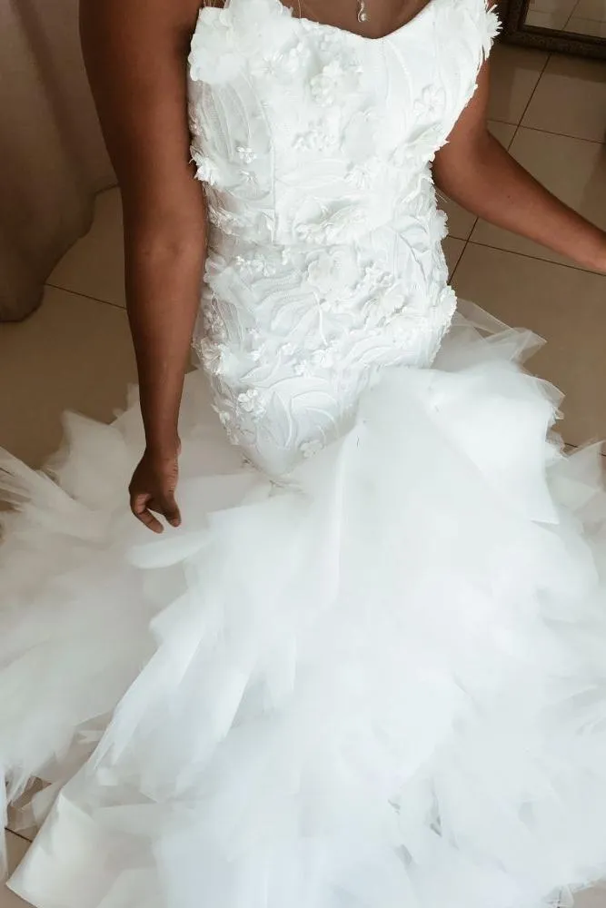 Mermaid Floral Appliques Ruffless Wedding Dresses Sheer Tulle Backless Sleeveless Bridal Gowns
