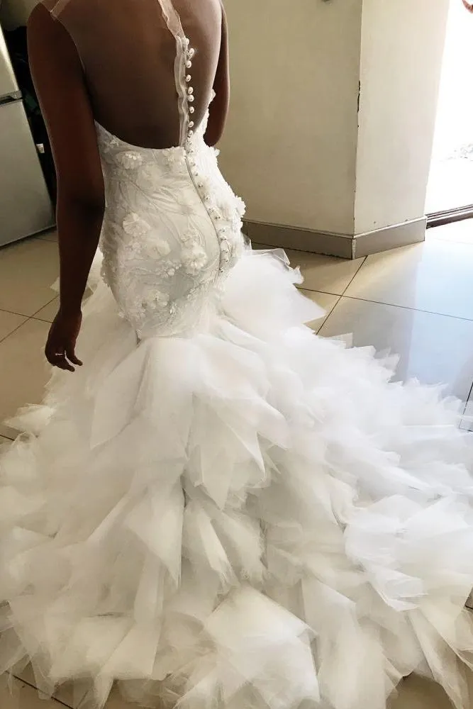 Mermaid Floral Appliques Ruffless Wedding Dresses Sheer Tulle Backless Sleeveless Bridal Gowns