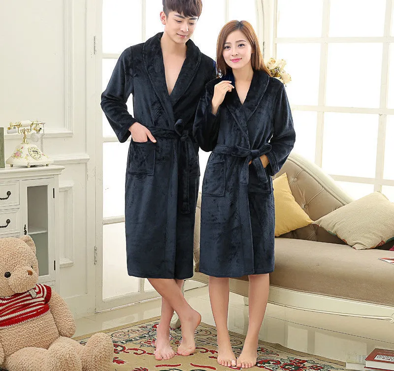 Navy Coral Peignoir Homme Unisex Solid Long Sleeve Flannel Fleece Sleep Lounge Pink Robes Albornoz Hombre Bathrobe Men Bath Robe