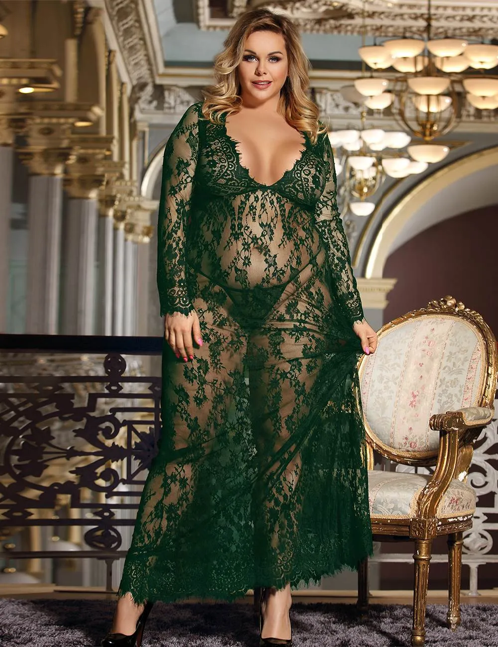 New Black & Maroon & White & Green Delicate Lace Long Sleepwear Gown
