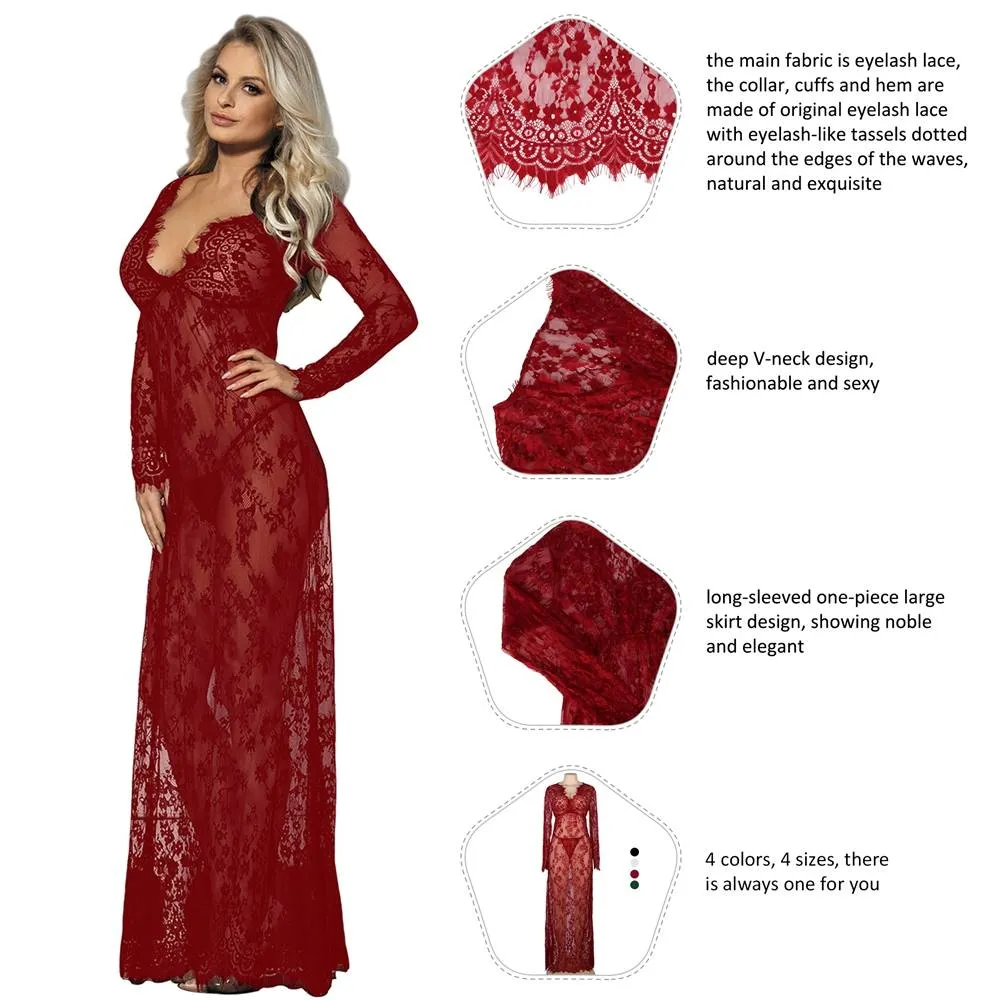 New Black & Maroon & White & Green Delicate Lace Long Sleepwear Gown