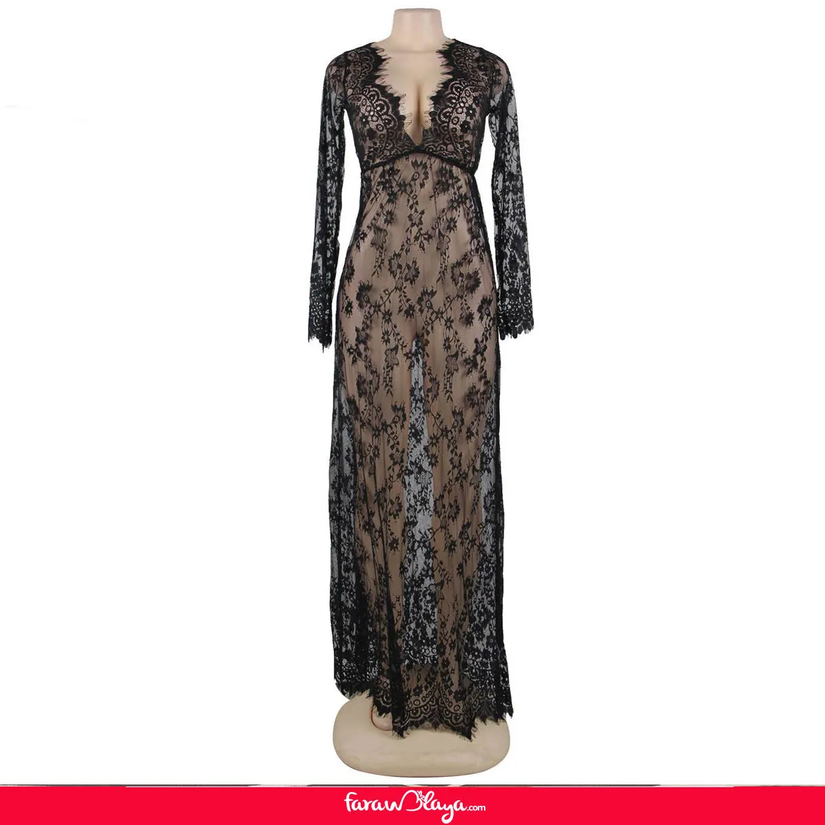 New Black & Maroon & White & Green Delicate Lace Long Sleepwear Gown