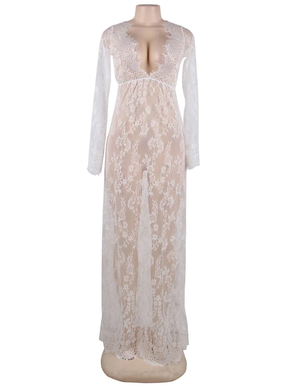 New Black & Maroon & White & Green Delicate Lace Long Sleepwear Gown