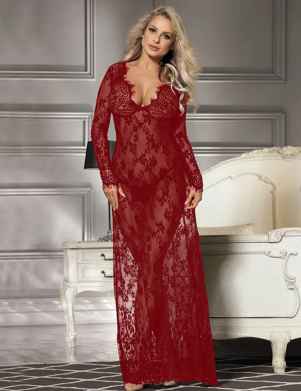 New Black & Maroon & White & Green Delicate Lace Long Sleepwear Gown