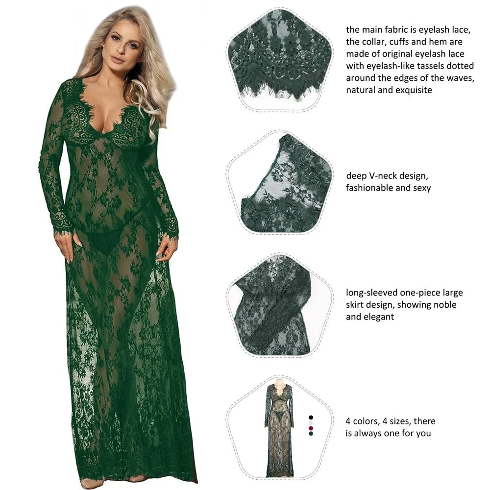 New Black & Maroon & White & Green Delicate Lace Long Sleepwear Gown