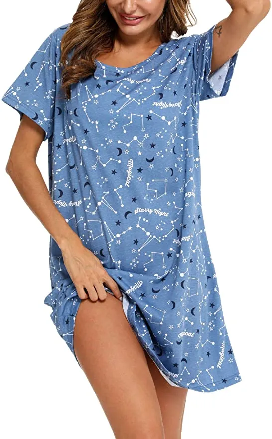 New ENJOYNIGHT Women's Sleepwear Cotton Short Sleeve Nightgown Soft Print Nightshirt in Blue Star! Sz L!