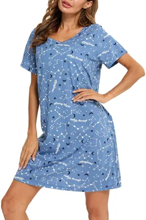 New ENJOYNIGHT Women's Sleepwear Cotton Short Sleeve Nightgown Soft Print Nightshirt in Blue Star! Sz L!
