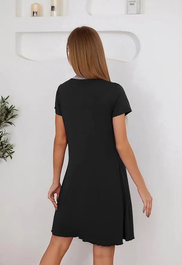 New LittleMax Women's Pleated Nightgown Pajama Nightshirt in Black, Sz S