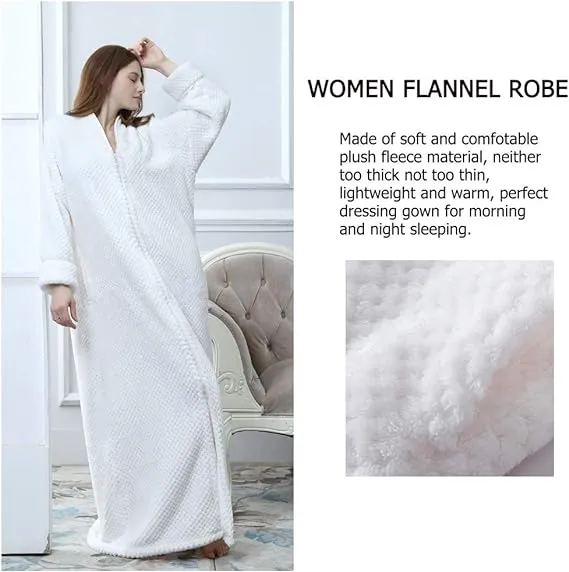 NEW Long Full Zip Fleece Bath Robe for Women Zipper Spa Bathrobe Flannel Nightgown Housecoat, White, Sz L, Retails $49 