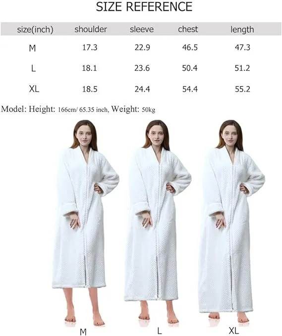 NEW Long Full Zip Fleece Bath Robe for Women Zipper Spa Bathrobe Flannel Nightgown Housecoat, White, Sz L, Retails $49 