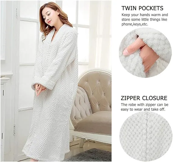 NEW Long Full Zip Fleece Bath Robe for Women Zipper Spa Bathrobe Flannel Nightgown Housecoat, White, Sz L, Retails $49 