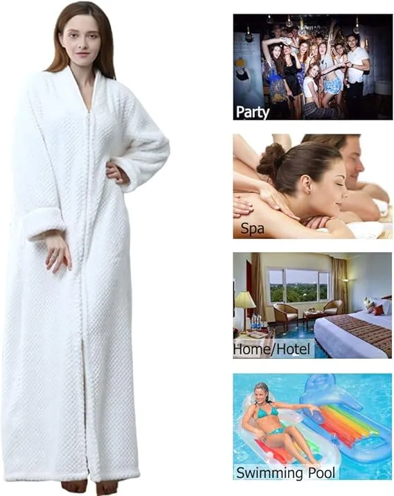 NEW Long Full Zip Fleece Bath Robe for Women Zipper Spa Bathrobe Flannel Nightgown Housecoat, White, Sz L, Retails $49 