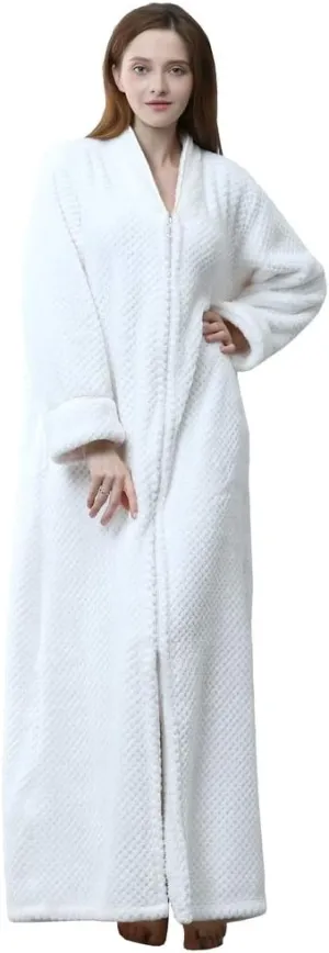 NEW Long Full Zip Fleece Bath Robe for Women Zipper Spa Bathrobe Flannel Nightgown Housecoat, White, Sz L, Retails $49 