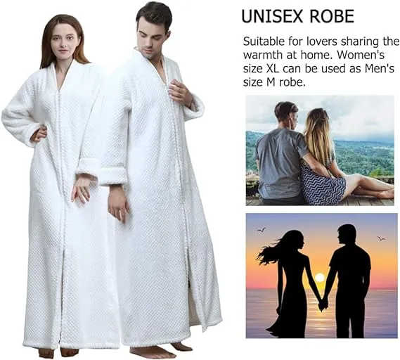 NEW Long Full Zip Fleece Bath Robe for Women Zipper Spa Bathrobe Flannel Nightgown Housecoat, White, Sz L, Retails $49 