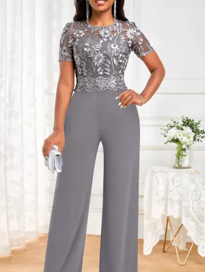 NEW MODLILY® Grey Embroidery Long Short Sleeve Round Neck Jumpsuit, Sz XL, Retails $85