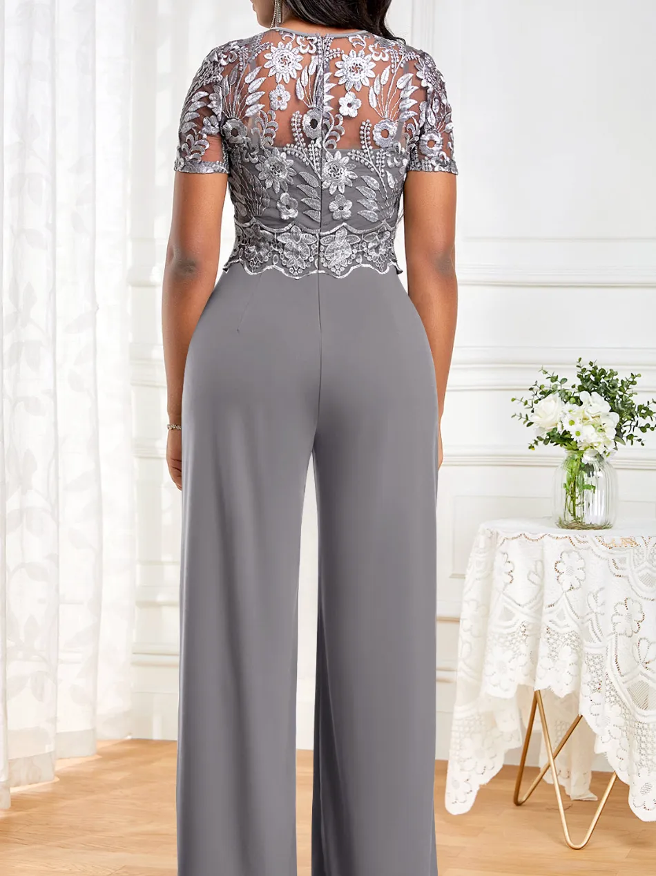 NEW MODLILY® Grey Embroidery Long Short Sleeve Round Neck Jumpsuit, Sz XL, Retails $85