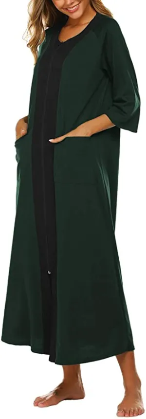 New with tags! Ekouaer Housecoat Women's Short Sleeve Zipper Robe Long Nightgown Lougewear with Pockets, Dark Green & Black, Sz M!