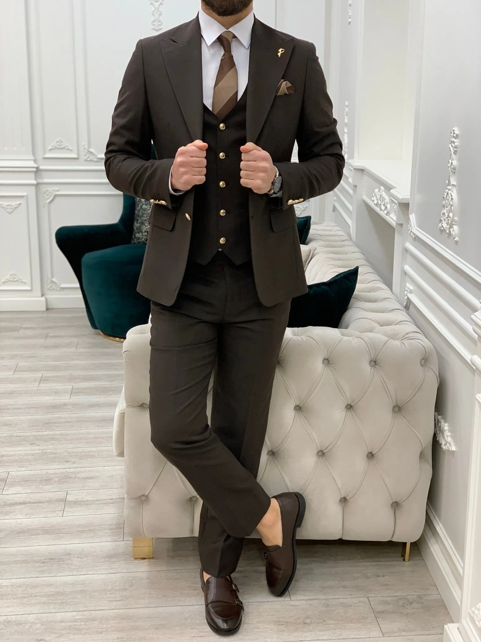 Nile Dark Brown Slim Fit Peak Lapel Suit for Every Occasion