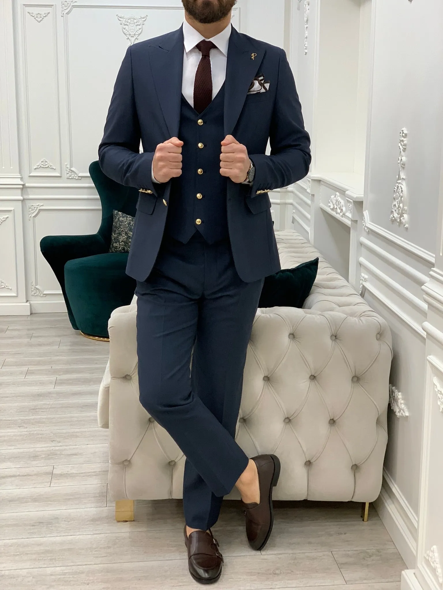 Nile Navy Blue Slim Fit Peak Lapel Suit - Three-Piece Elegance