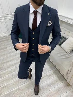 Nile Navy Blue Slim Fit Peak Lapel Suit - Three-Piece Elegance