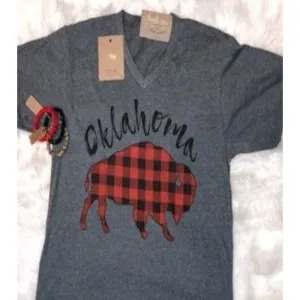 Oklahoma State Home Bison Buffalo Red Plaid  T-Shirt .