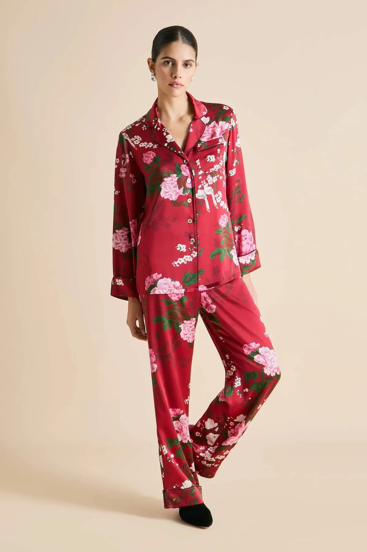 Olivia von Halle Lila Tardieu Red Floral Silk  Pajama Set
