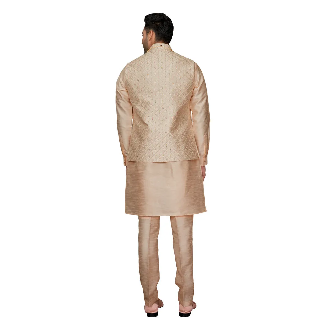 Peach Waistcoat Set in Silk for Men