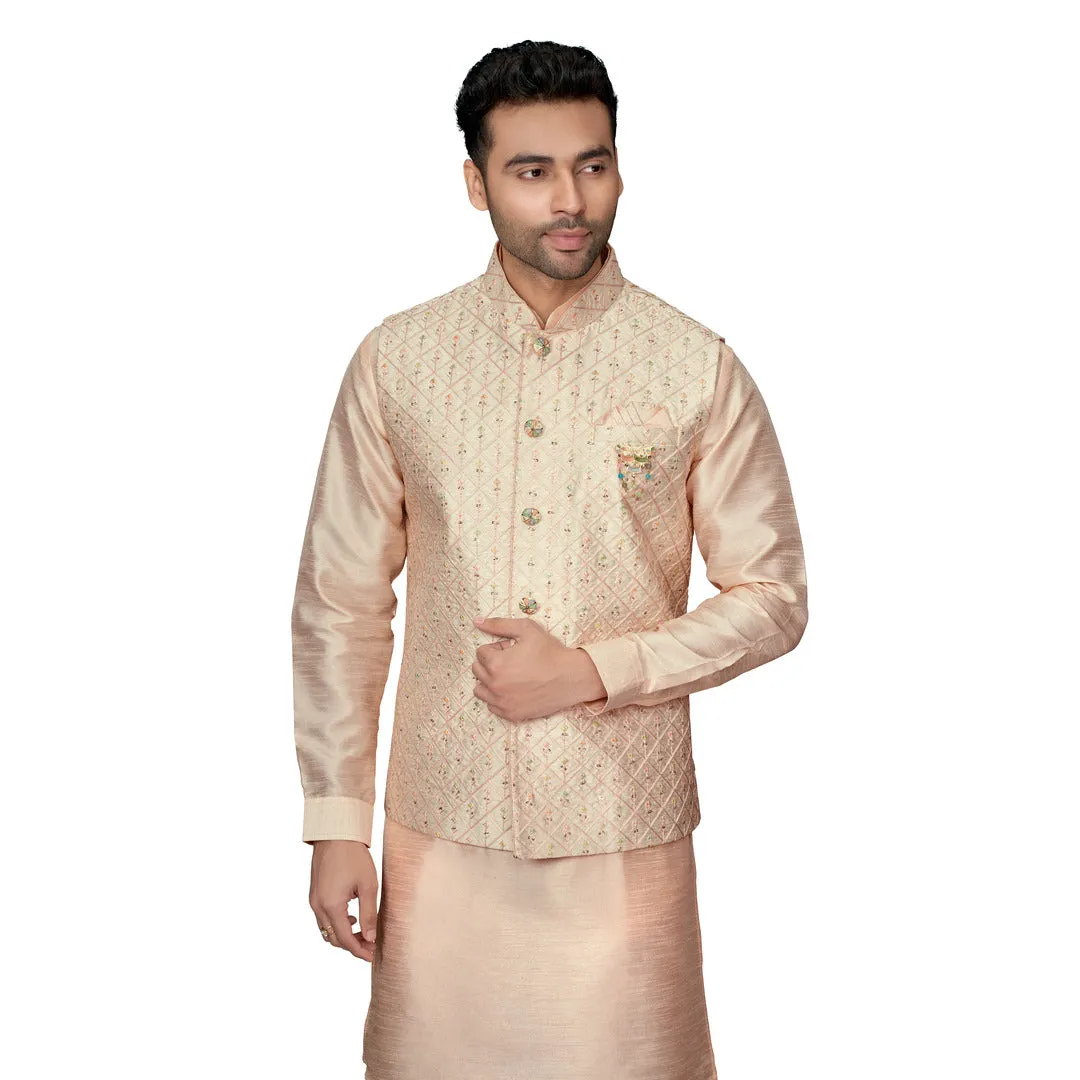 Peach Waistcoat Set in Silk for Men