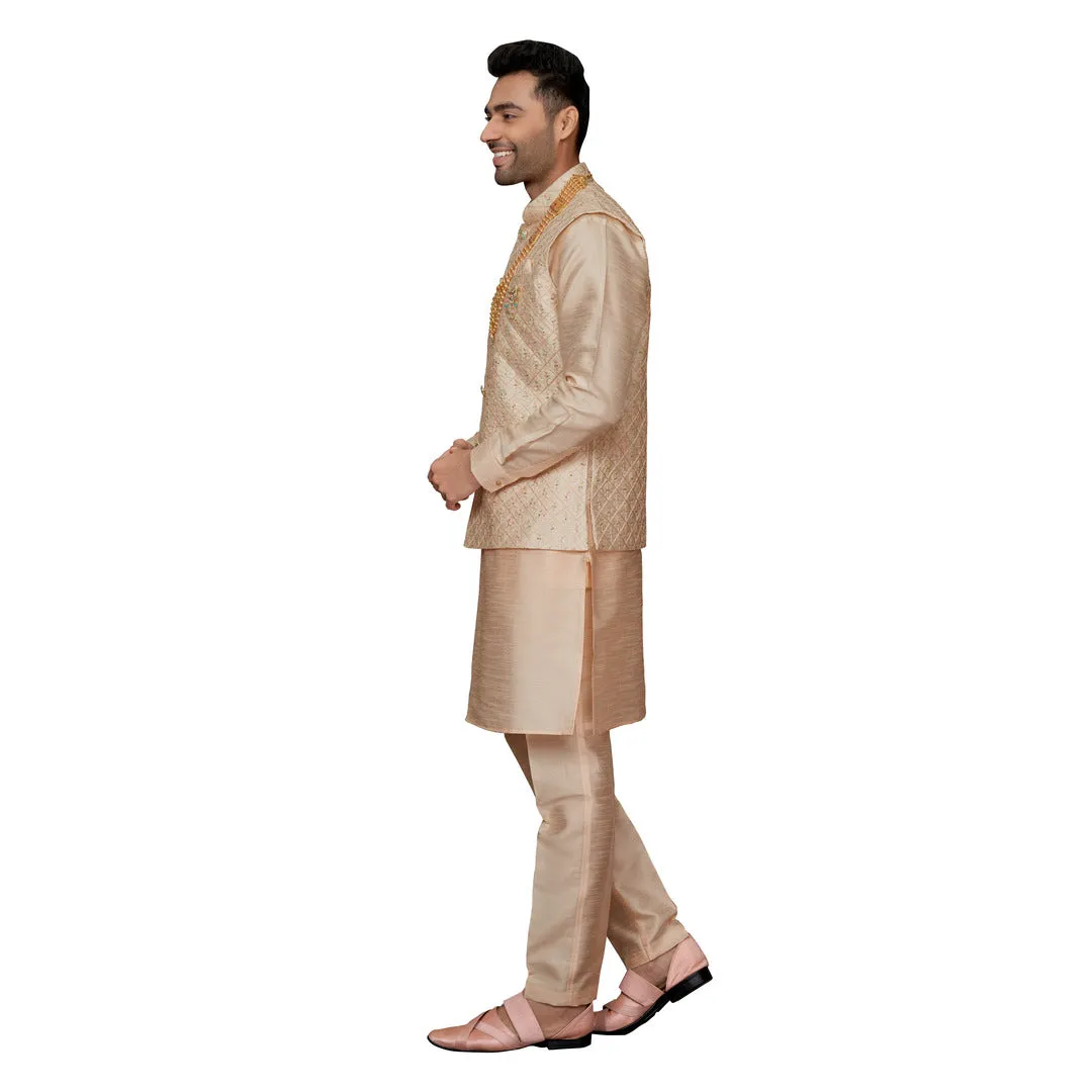 Peach Waistcoat Set in Silk for Men