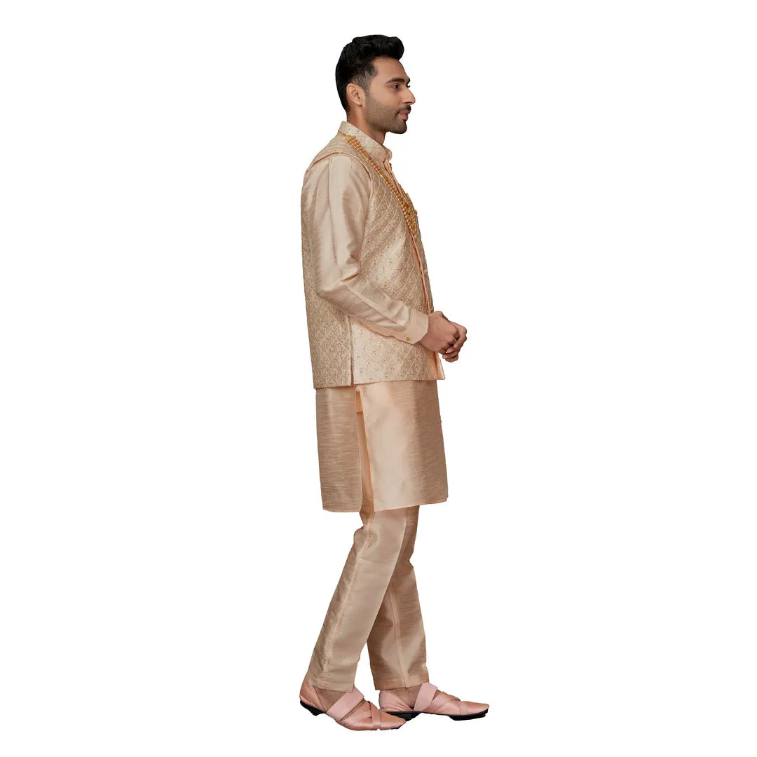 Peach Waistcoat Set in Silk for Men