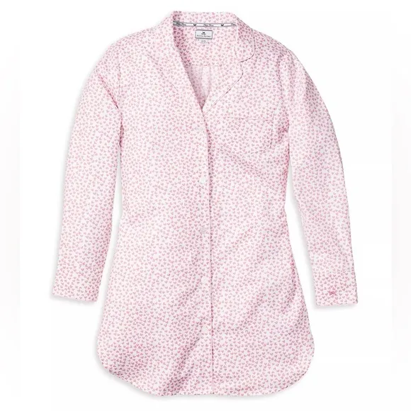 Petite Plume Women's Twill Nightshirt in Sweethearts White Pink Size Medium