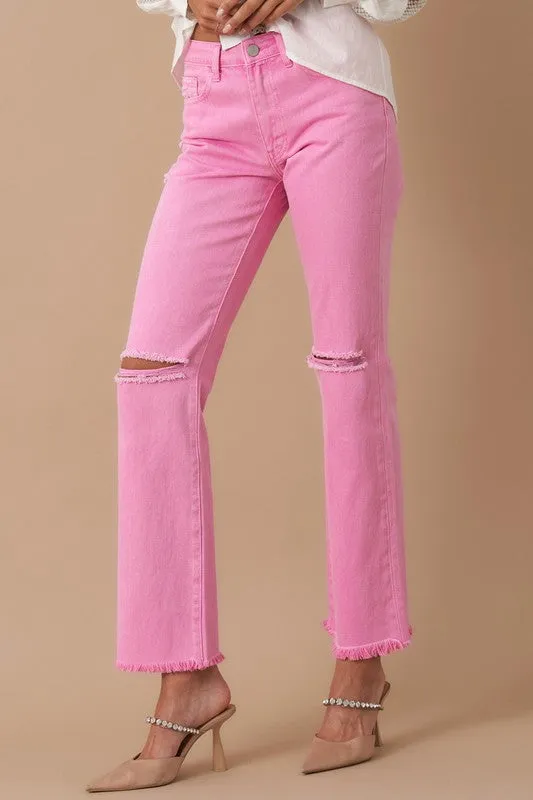 Pink High Rise Slim Straight Leg Jeans