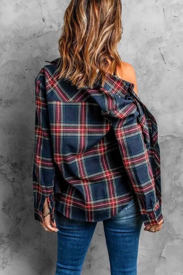 Plaid Button Pocket Long Sleeve Asymmetric Shirt
