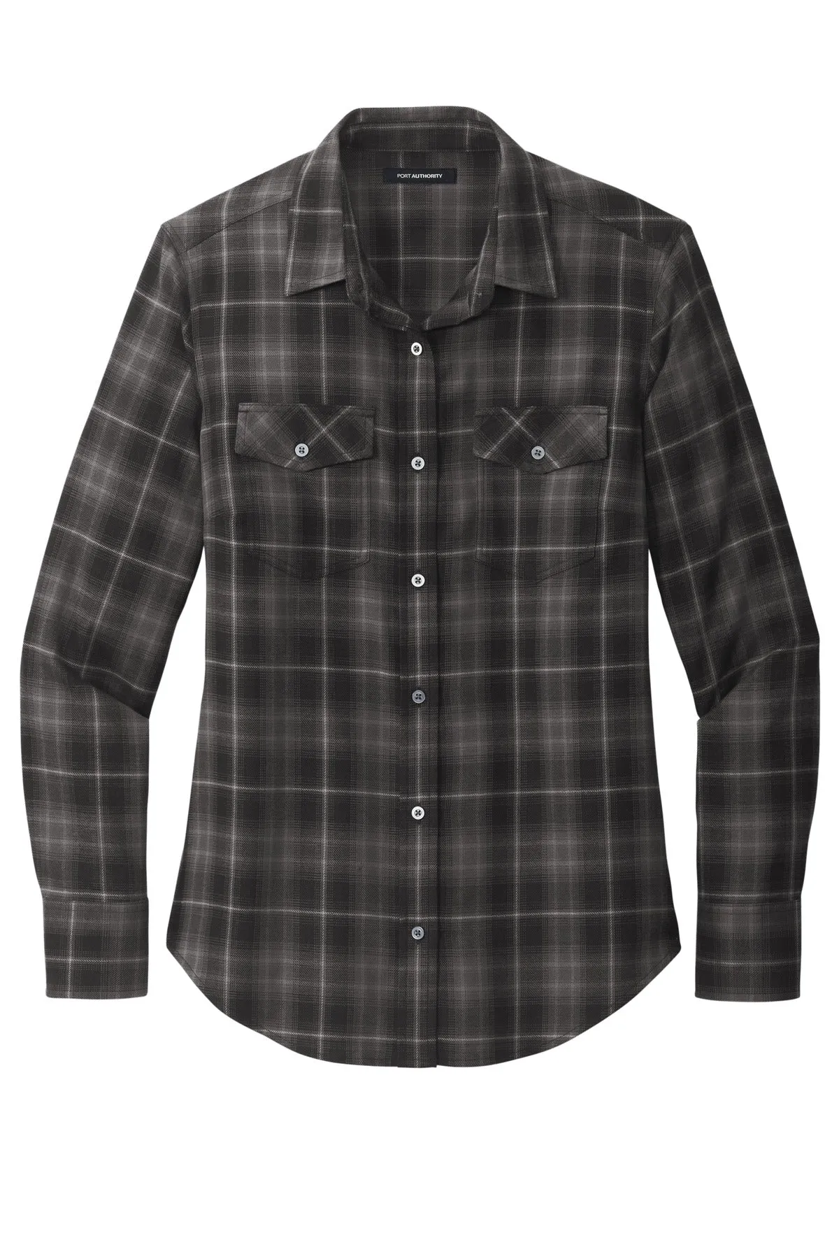 Port Authority Women's Long Sleeve Ombre Plaid Shirt LW672 Deep Black