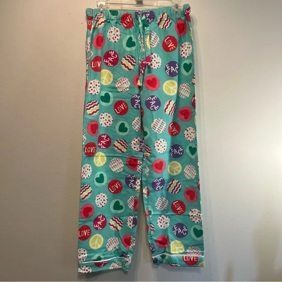 Pottery Barn Teen Pajama Set Size Small 2 piece Flannel Cotton Love Peace Heart