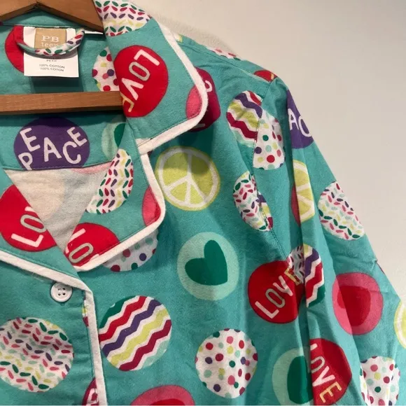 Pottery Barn Teen Pajama Set Size Small 2 piece Flannel Cotton Love Peace Heart