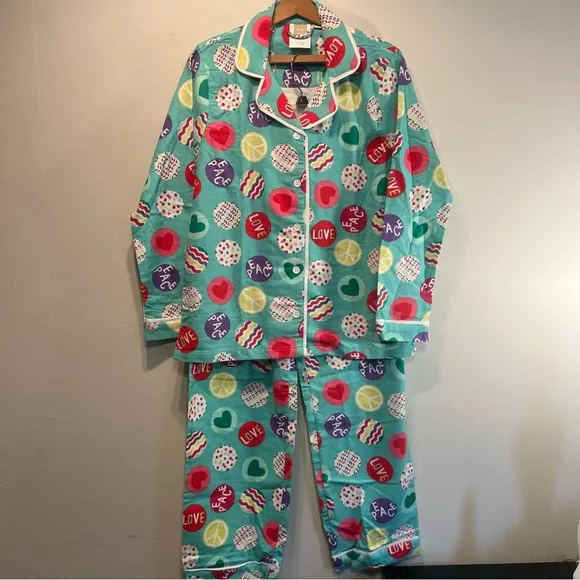 Pottery Barn Teen Pajama Set Size Small 2 piece Flannel Cotton Love Peace Heart
