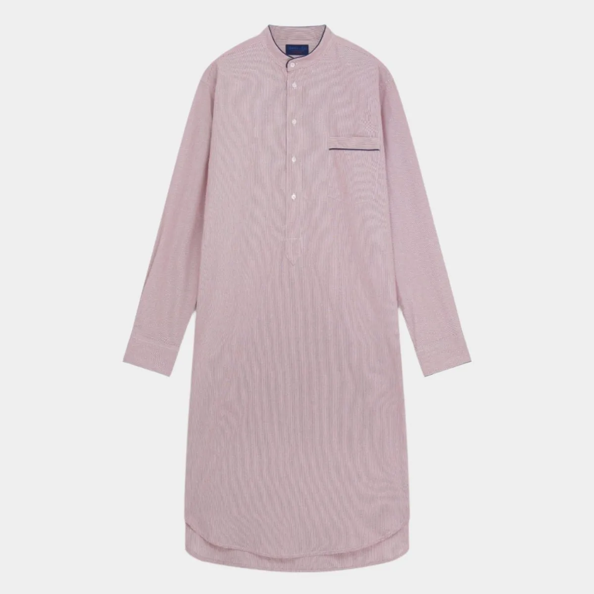 Red Fine Bengal Stripe Cotton Nightshirt With Navy Piping
