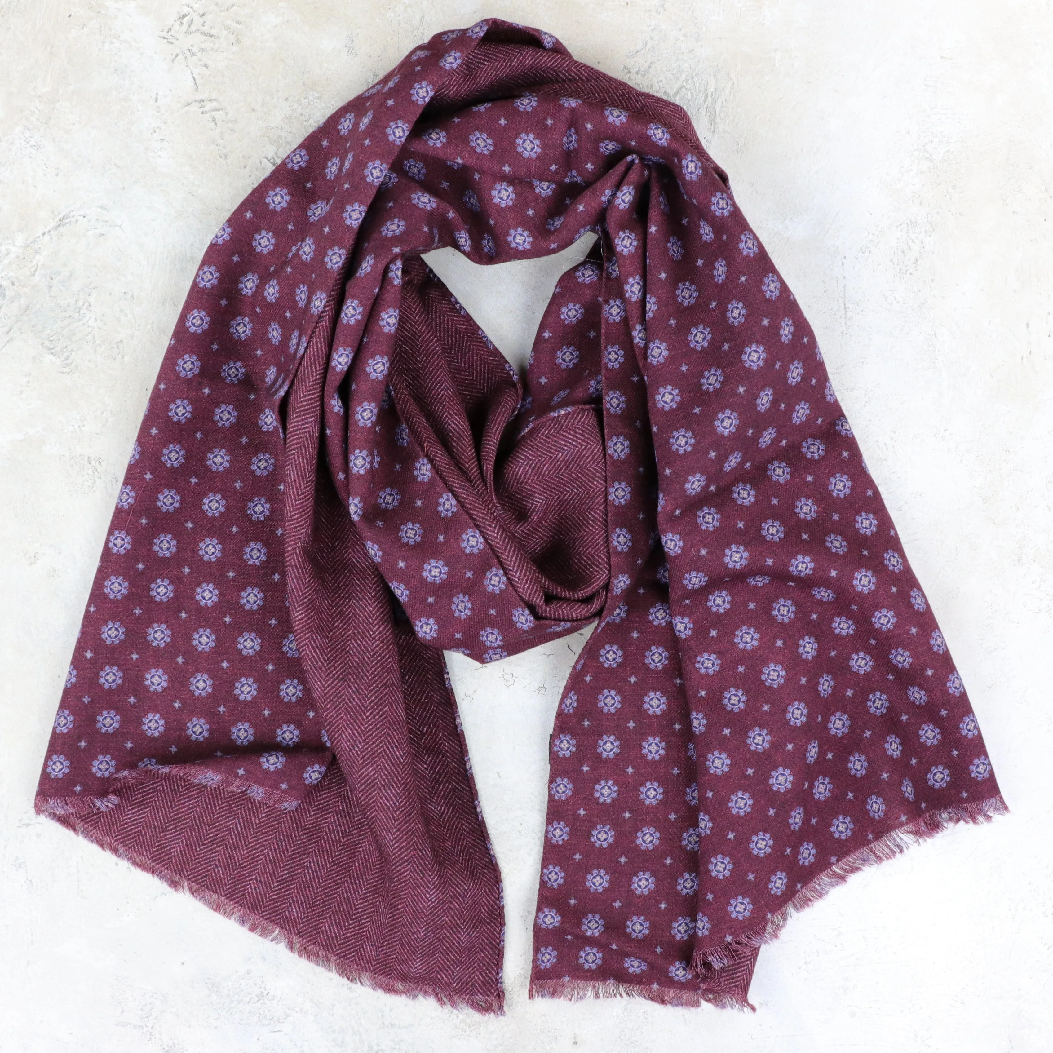 Reversible Wool Scarf - Maroon Floral Neat/Herringbone
