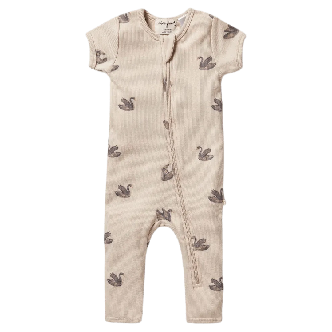 Rib Short Sleeve Zipsuit - Little Swan
