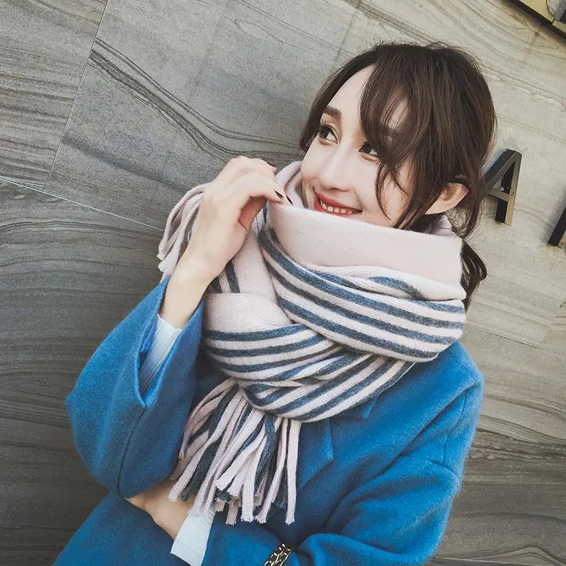 Scarfs for Women Winter Outdoor Stripe Scarves Wool Neck Warmer Pashmina Bandana Pure Hijabs