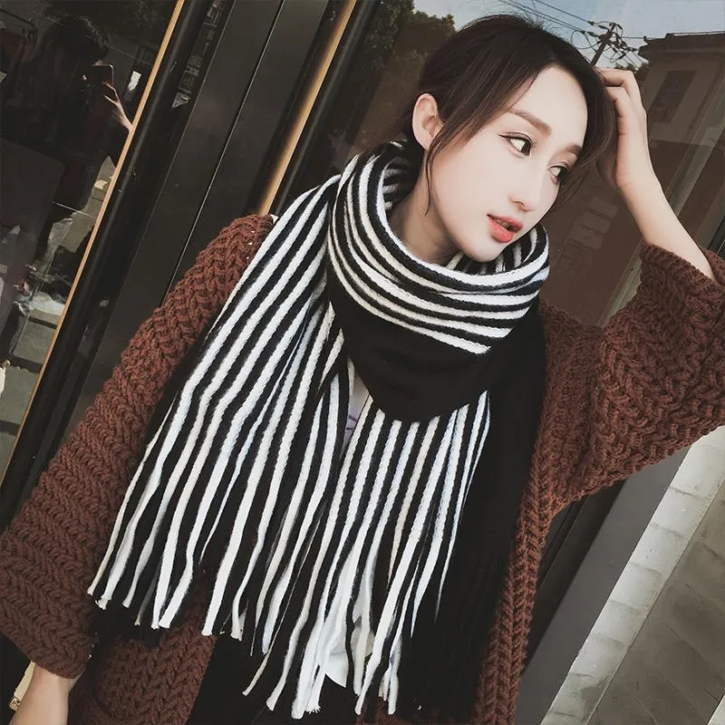 Scarfs for Women Winter Outdoor Stripe Scarves Wool Neck Warmer Pashmina Bandana Pure Hijabs