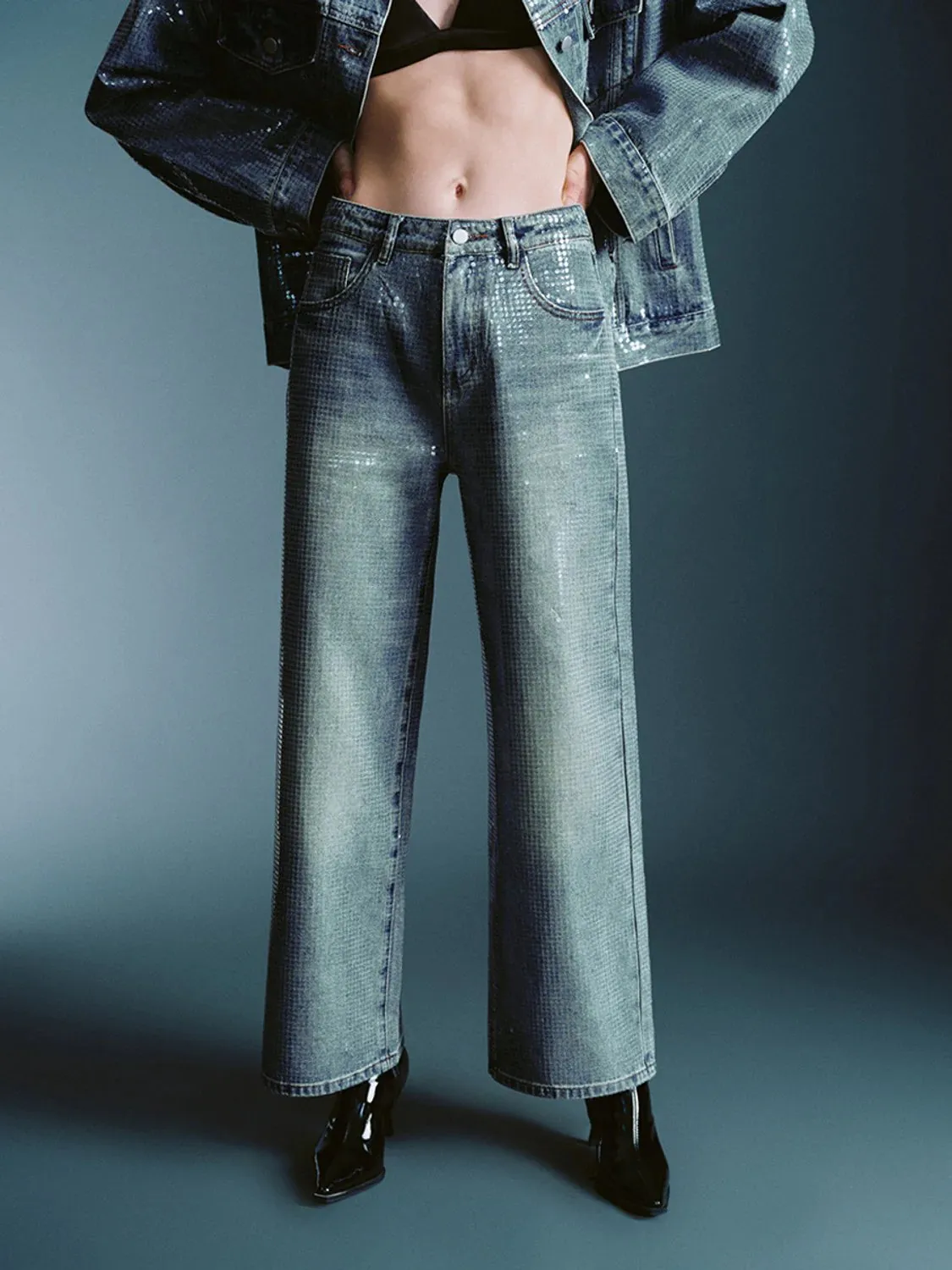Sequined denim straight-leg pants suit