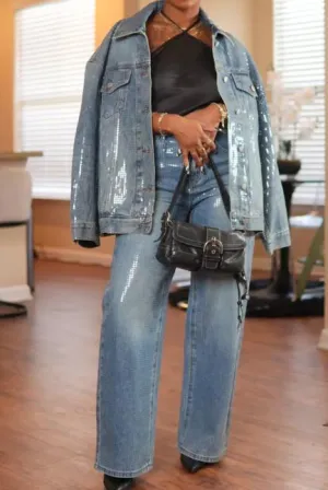 Sequined denim straight-leg pants suit