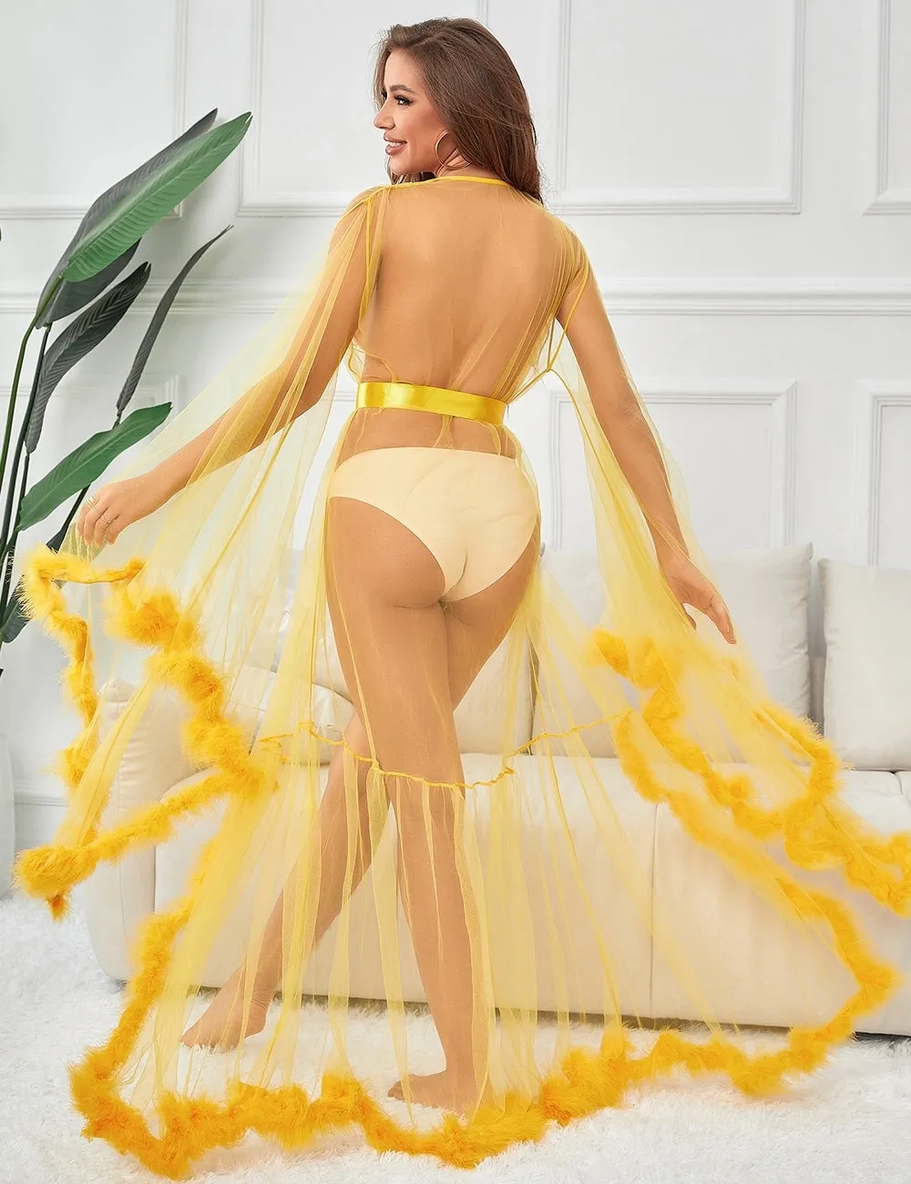 Sexy Plush Edging Mesh Wide Sleeves Robe Egypt With Belt