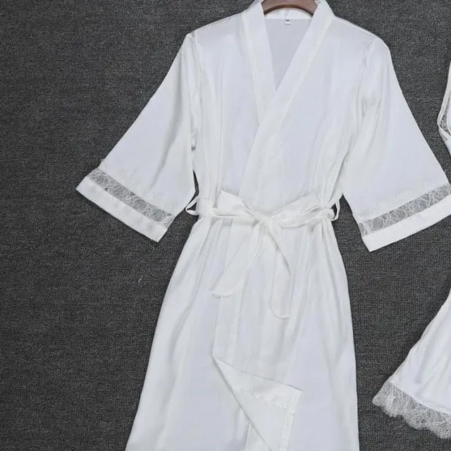 Sexy Women Rayon Kimono Bathrobe WHITE Bride Bridesmaid Wedding Robe Set Lace Trim Sleepwear Casual Home Clothes Nightwear
