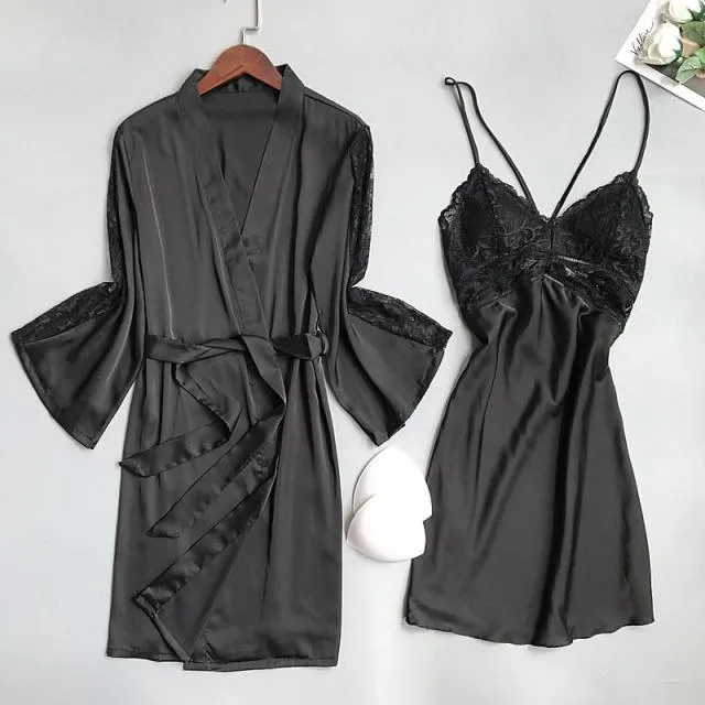 Sexy Women Rayon Kimono Bathrobe WHITE Bride Bridesmaid Wedding Robe Set Lace Trim Sleepwear Casual Home Clothes Nightwear
