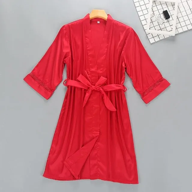 Sexy Women Rayon Kimono Bathrobe WHITE Bride Bridesmaid Wedding Robe Set Lace Trim Sleepwear Casual Home Clothes Nightwear